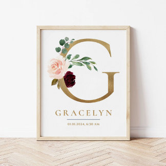 G Letter Monogram Name Marsala Floral Kinderzimmer Poster