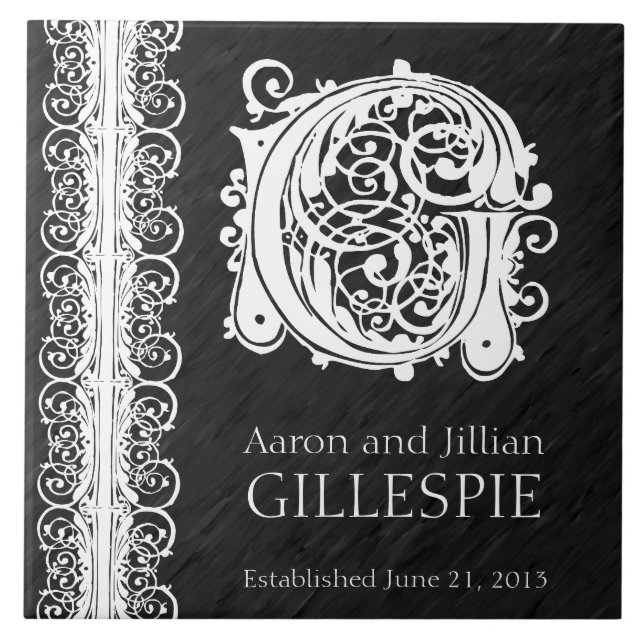 G Monogram "White Lace on Black" Hochzeitszange Fliese (Vorderseite)