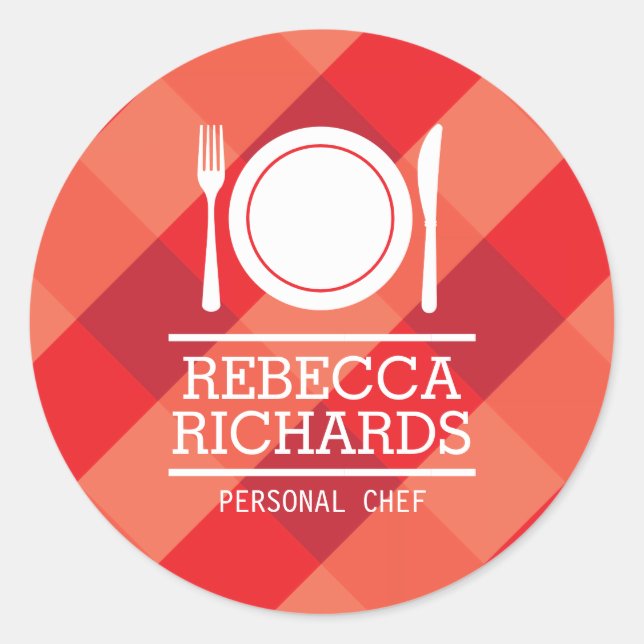 Gabel, Plate, Knife Logo auf Red Gingham Runder Aufkleber (Vorderseite)