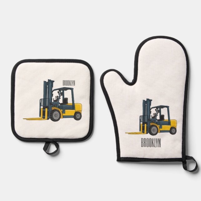 Gabelstapler-Cartoon Ofenhandschuh & Topflappen-Set (Vorderseite)