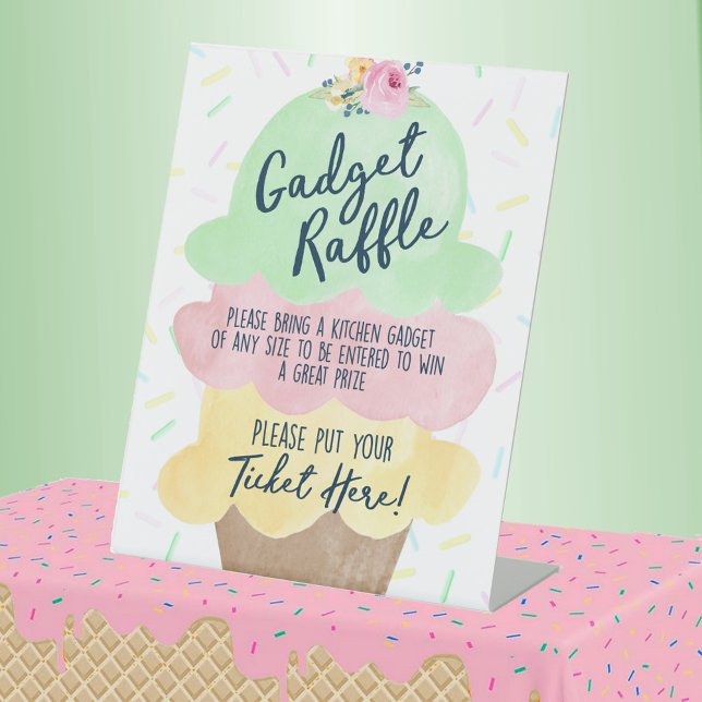 Gadget Raffle Ice Creme Brautparty Sockelschild (Gadget Raffle Watercolor Ice Cream Bridal Shower Pedestal Table Sign)