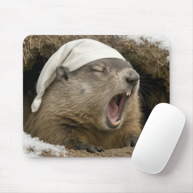 Gähnender Waldmurmeltier mit Nachthaube Mousepad (Mit Mouse)