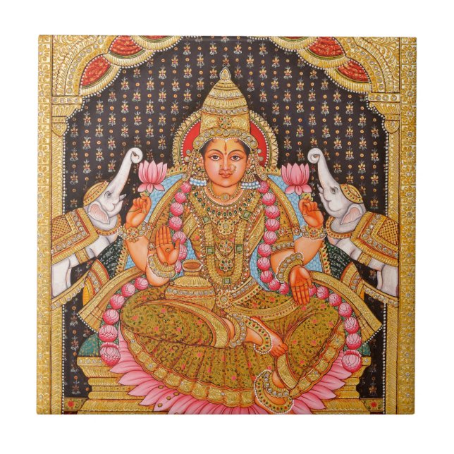 GAJA LAKSHMI VERWICKELTE TANJORE MALEREI {SÜDIND FLIESE (Vorderseite)