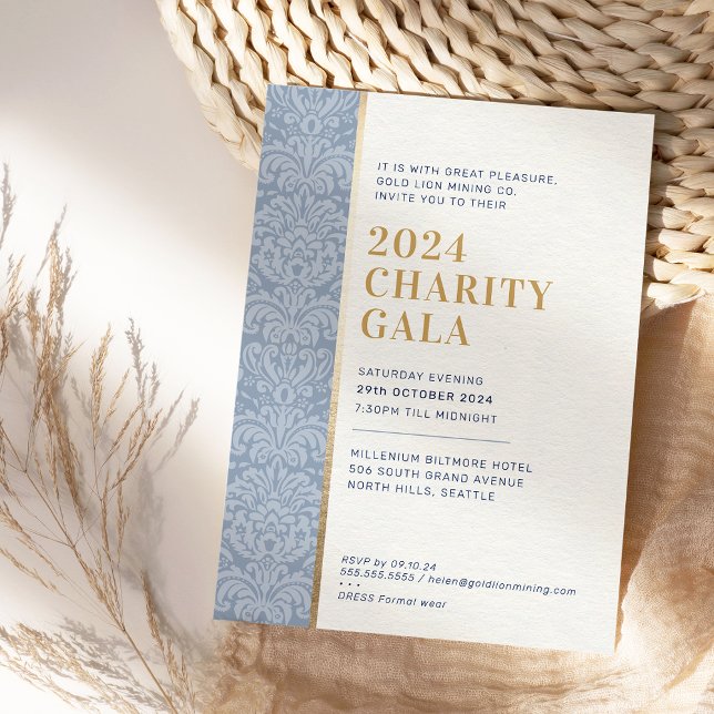 GALA BALL simple elegant damask dark blue gold  Einladung (Von Creator hochgeladen)