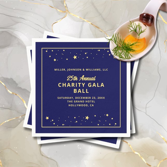 Gala Ball Stille Auktion Elegante Serviette (Charity Gala Ball Silent Auction Fundraiser Cocktail Napkin in Navy Blue and Gold with Stars.)