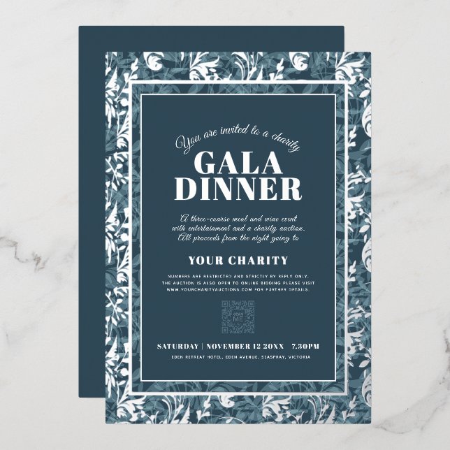 Gala-Dinner mit blauen, botanischen Mustern Folieneinladung (Vorderseite/Rückseite)