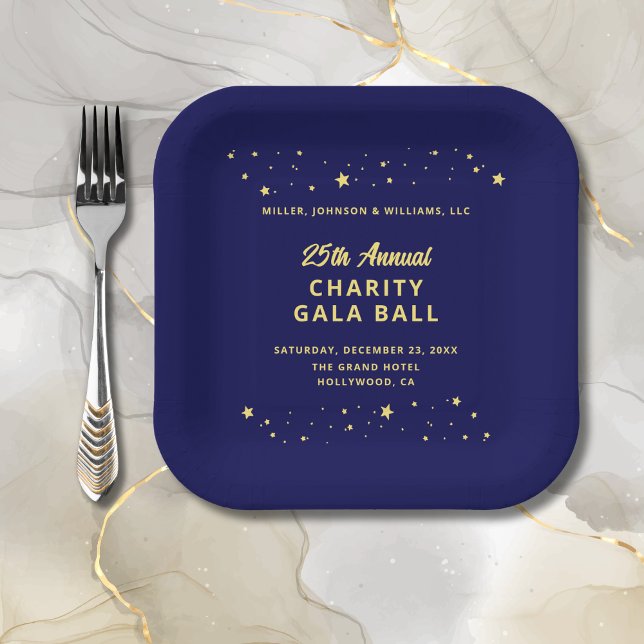 Gala Event Wohltätigkeit Ball Elegante Pappteller (Annual Charity Gala Ball Event Paper Plate in Navy Blue and Gold with Gold Stars.)