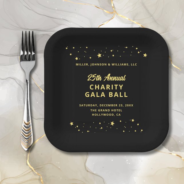 Gala Event Wohltätigkeit Ball Fundraiser Black Gol Pappteller (Gala Event Charity Ball Fundraiser Black and Gold Paper Plate, Company Name,  Event Details, Stars.)