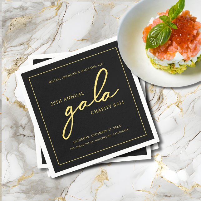 Gala Event Wohltätigkeit Fundraiser Wilhelm Tell Serviette (Gala Event Charity Fundraiser Elegant Black and Gold Cocktail Napkins with Company Name, Event Info.)