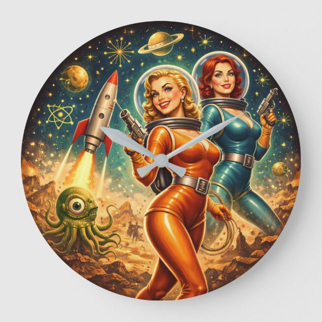 Galactic Guardians Retro Space Girls Große Wanduhr (Vorderseite)