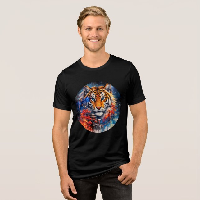 Galactic Tiger with Temple and Cherry Blossoms Tri-Blend Shirt (Vorderseite voll)