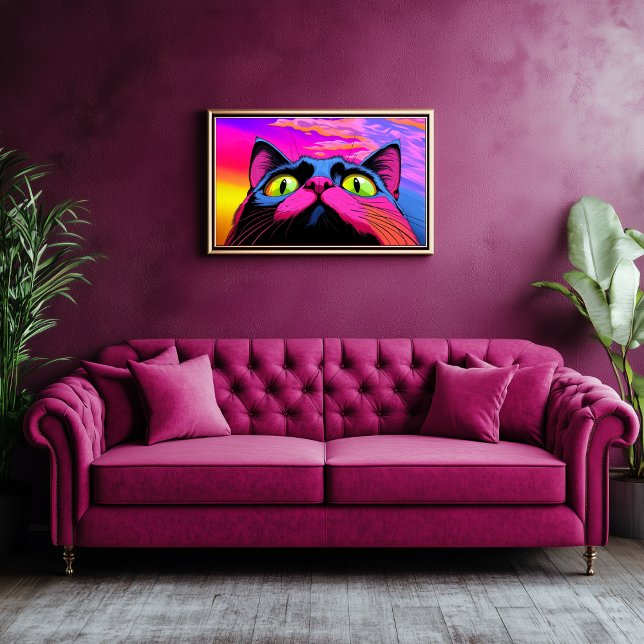 Galaktische Neugier: Kosmischer Blick einer Katze Leinwanddruck (Ginormous Cat Looking Up - Psychedelic Art)
