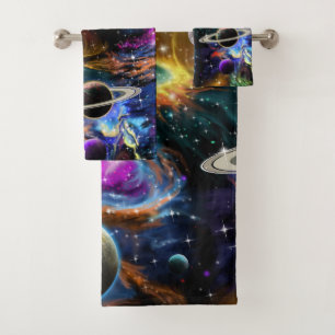 Galaktischer Raum mit Nebeln und Planeten Badhandtuch Set