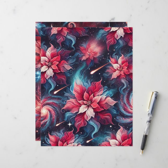 Galaxie florale Poinsettia Motif papier à rebut (Devant/Arrière en situation)