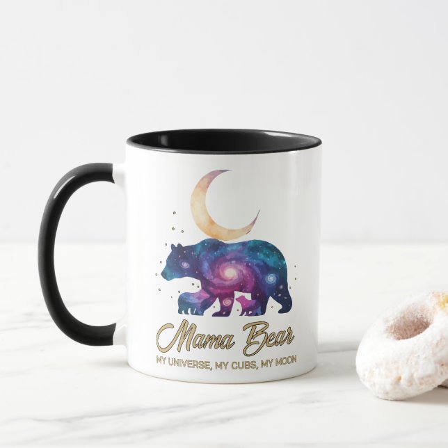 Galaxie Mama-Bär & Welpen Mond-Silhouette Tasse (Mit Donut)