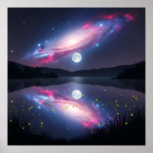 Galaxie über einem mondbeschienenen See mit kosmis Poster