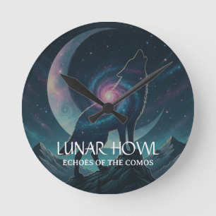 Galaxie-Wolf-Silhouette mit Mond (OHNE ZAHLEN) Runde Wanduhr