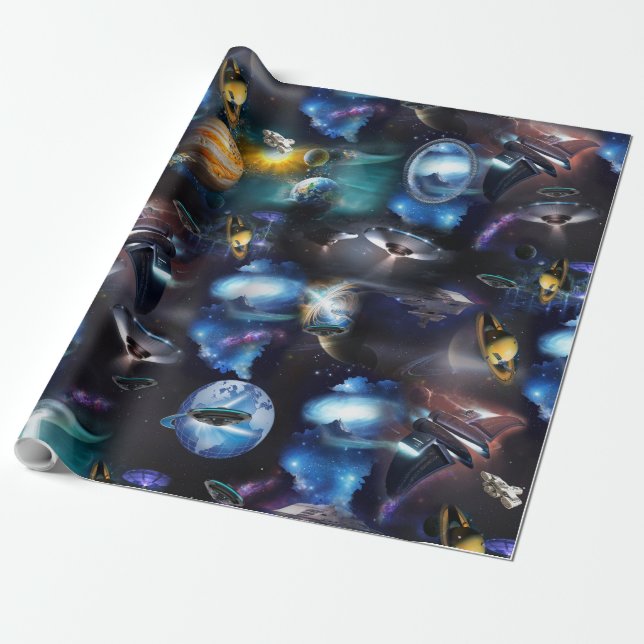 Galaxiebesucher im Weltraum Geschenkpapier (Ungerollt)