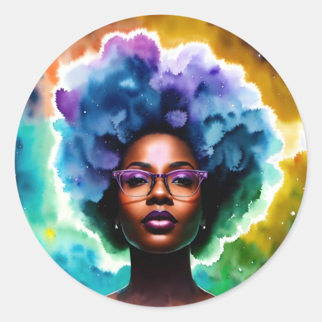 Galaxy Afro Black Frauen in Brille Runder Aufkleber (Vorderseite)