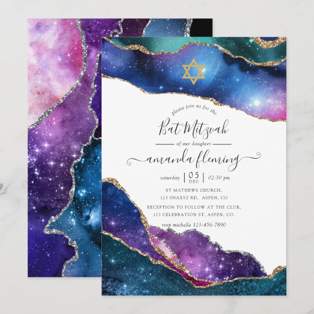 Galaxy Agate Bat Mitzvah Einladung (Vorne/Hinten)
