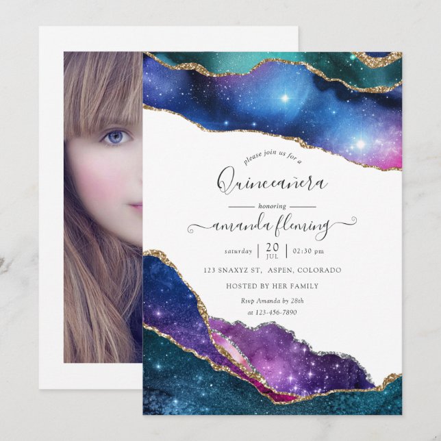 Galaxy Agate Quinceañera Foto Einladung (Vorne/Hinten)