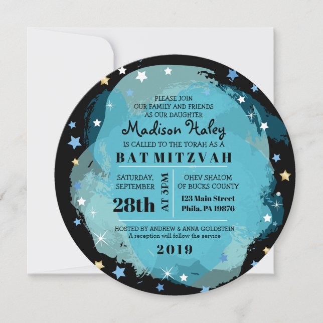 GALAXY Aqua Gold Stars Bar Bat Mitzvah Einladung (Vorderseite)