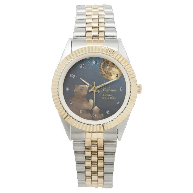 Galaxy Bärenmoon & Stars Glitzer Mit Monogramm Nie Armbanduhr (Vorderseite)