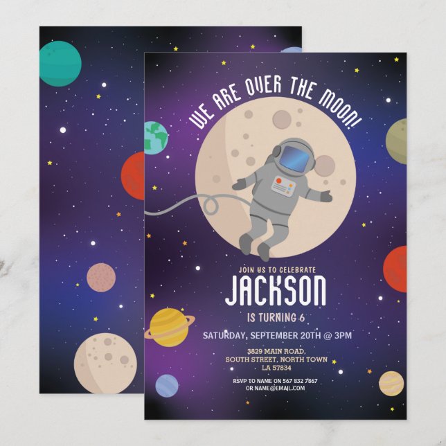 Galaxy-Birthday Party-Raketenmoos Einladung (Vorne/Hinten)