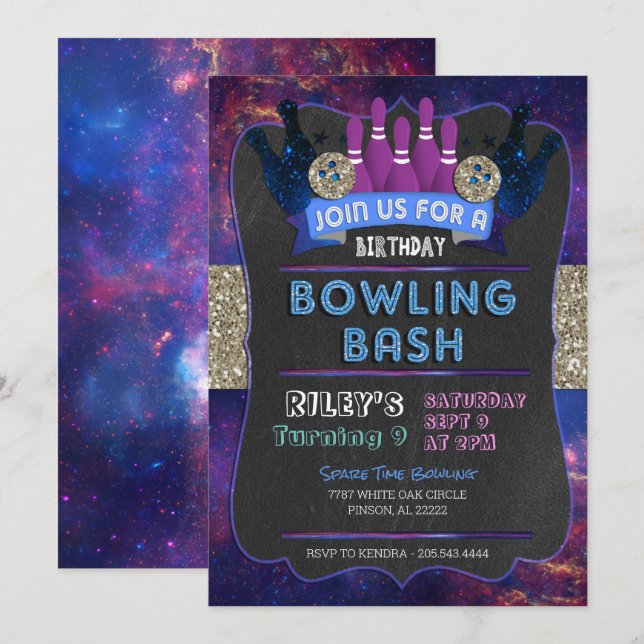Galaxy Bowling Birthday Einladung (Vorne/Hinten)