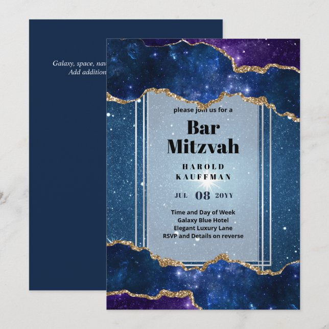 GALAXY Boys BAR MITVAH AGATE Blue Einladung (Vorne/Hinten)