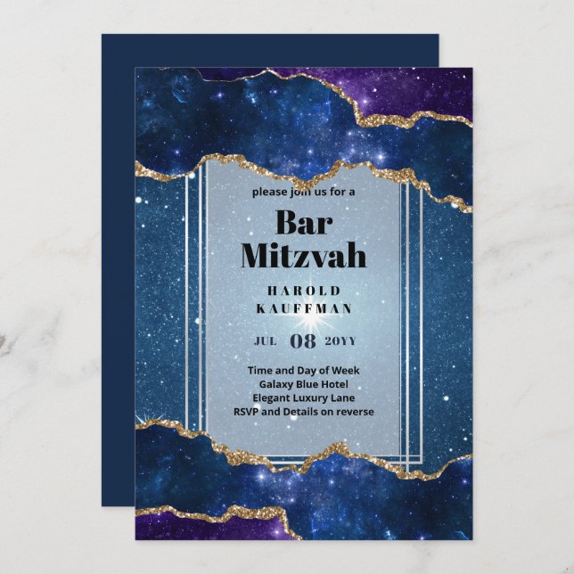 GALAXY Boys BAR MITVAH AGATE Blue Invitation (Devant / Derrière)