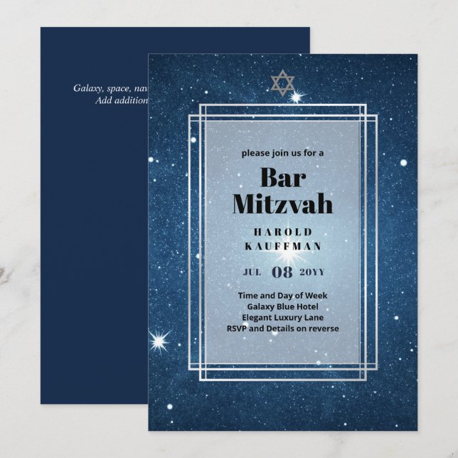 GALAXY Boys BAR MITVAH Space Blue Einladung (Vorne/Hinten)