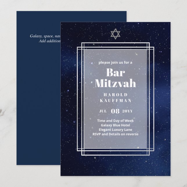 GALAXY Boys BAR MITVAH Space Blue Einladung (Vorne/Hinten)