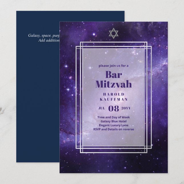 GALAXY Boys BAR MITVAH Space Purple Invitation (Devant / Derrière)
