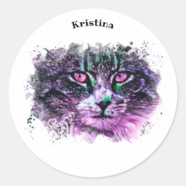 Galaxy Cat Lila Green Digital Wasserfarbe Runder Aufkleber