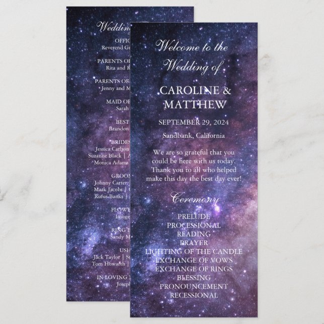 Galaxy Celestial Night Sky Stars Hochzeit Programm (Vorne/Hinten)