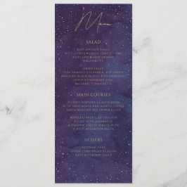 Galaxy Celestial Starry Night Lila Gold Wedding Menükarte