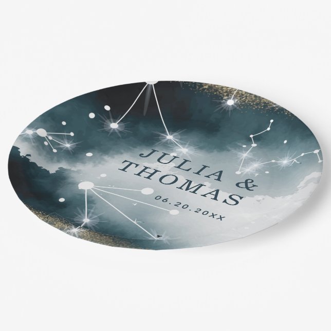 Galaxy Custom Blue Gold Stars Hochzeit Pappteller (Schrägansicht)