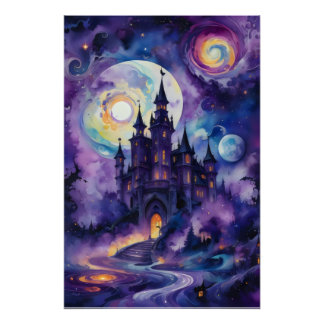 Galaxy Dreams: Mystisches Schloss im Lila Himmel Poster