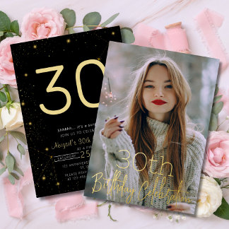Galaxy Elegantes Foto Black Gold Geburtstagsparty Folieneinladung