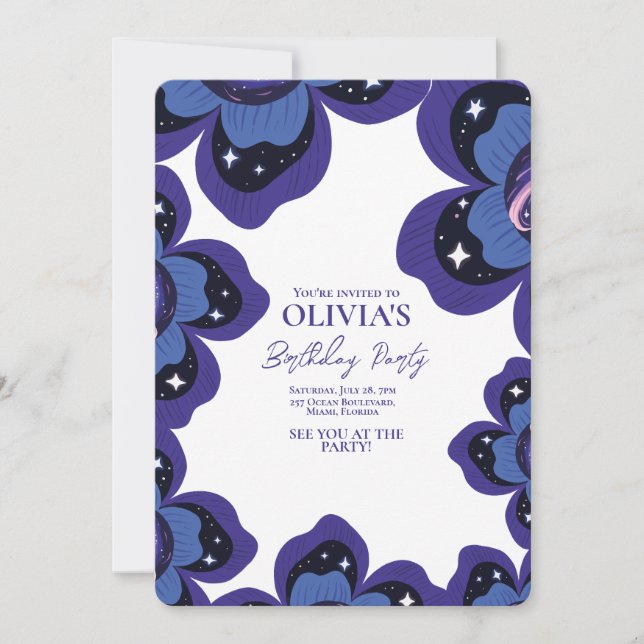 Galaxy Floral Lila Geburtstag Einladung (Vorderseite)