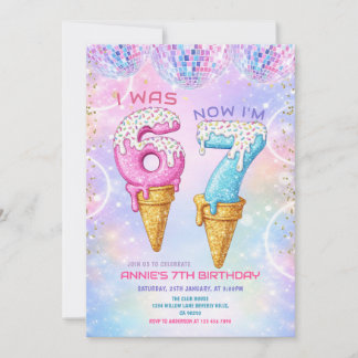 Galaxy Glitter Disco Ball 7 Birthday Ice Cream  Einladung