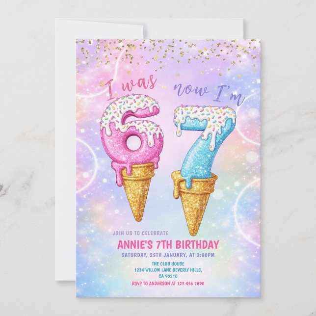Galaxy Glitter I Was 6 Now 7 Birthday Ice Cream  Einladung (Vorderseite)