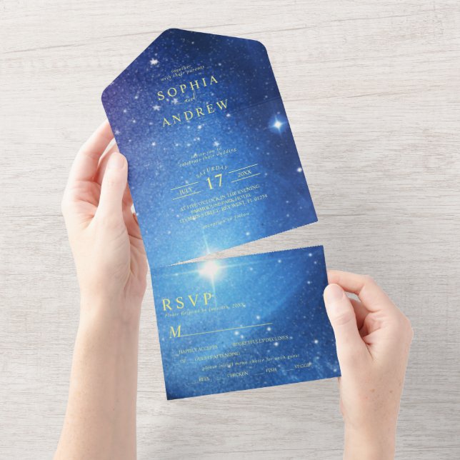 Galaxy & Gold Hochzeit in einer Einladung (Abreißen)