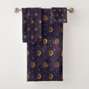 Galaxy Gold Moon Phases Stars Night Sky Badhandtuch Set