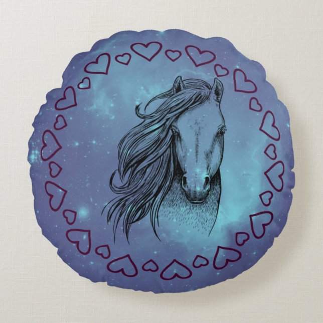 Galaxy Horse & Herz Rundes Kissen (Vorderseite)
