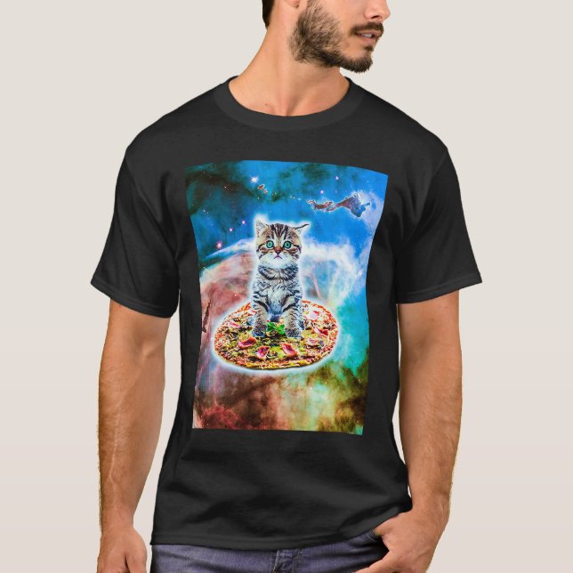 Galaxy Kitty Cat Riding Pizza In Space T-Shirt (Vorderseite)