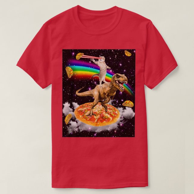 Galaxy Laser Eye Cat on Dinosaur on Pizza with Tac T-Shirt (Design vorne)