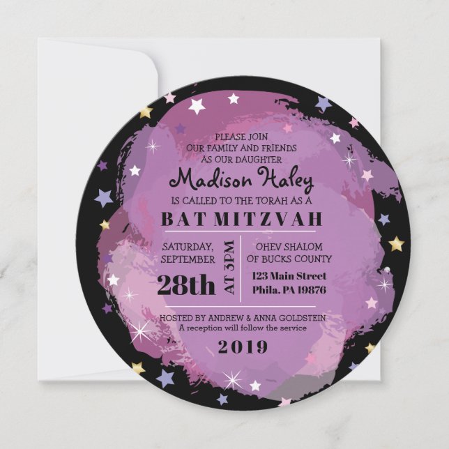 GALAXY Lila Gold Stars Bat Mitzvah Einladung (Vorderseite)