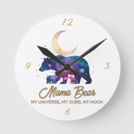 Galaxy Mama Bear & Cubs Moon Silhouette Runde Wanduhr